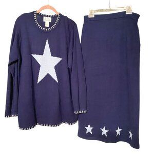 QUACKER FACTORY 2-pc Sweater/Skirt Navy Blue w/White Stars Size M/L VINTAGE